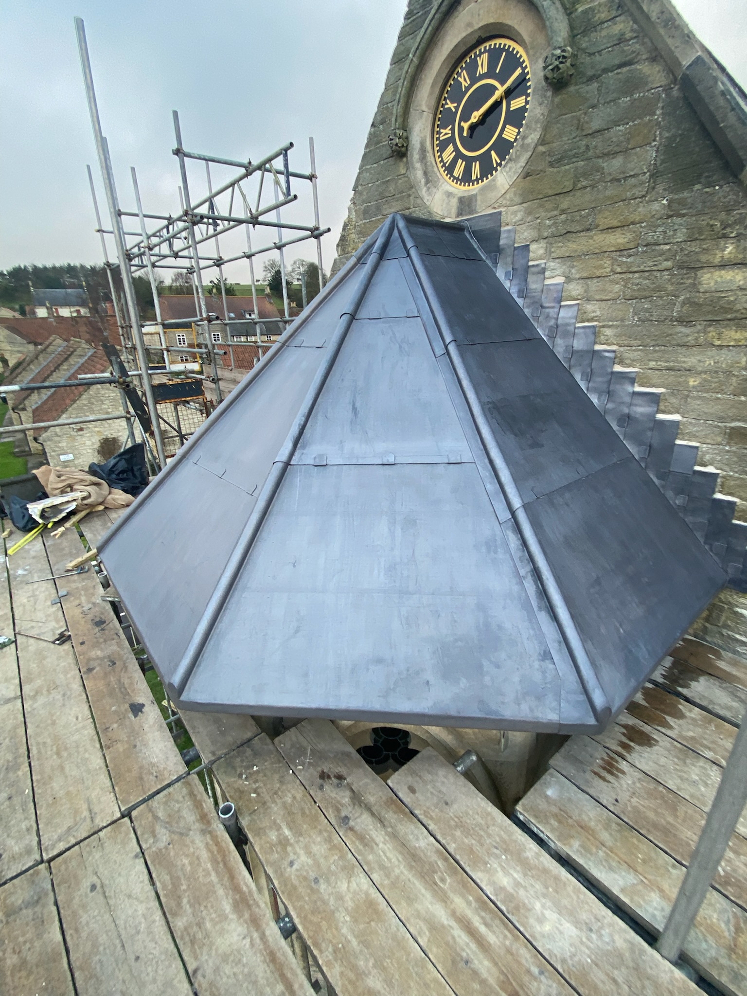 Installed rolled lead sheet detail on a roof