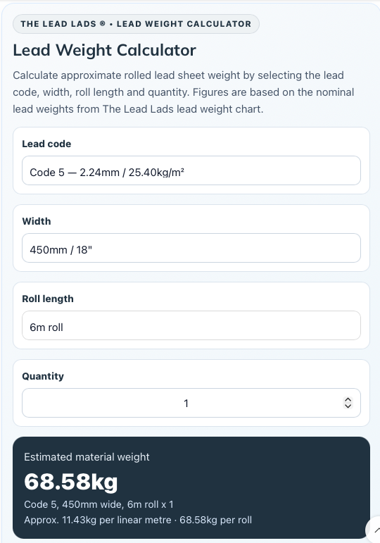 Lead Weight Chart.pdf Lead Weight Calculator (Codes 3–8) | Quick Roll Weights / m